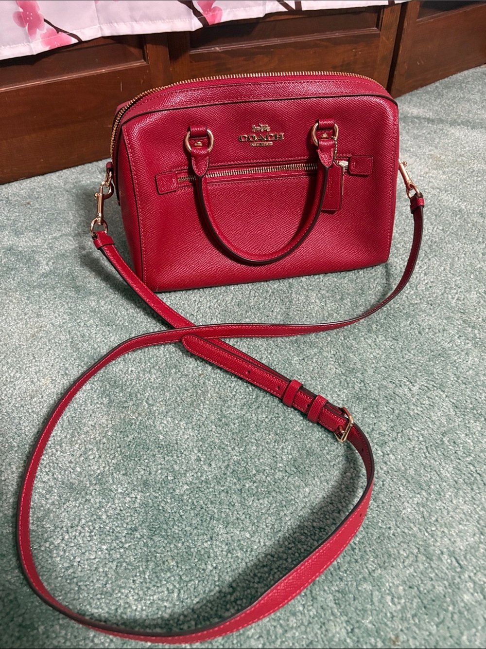 Coach Red Saffiano Leather Crossbody Satchel with Gold Hardware